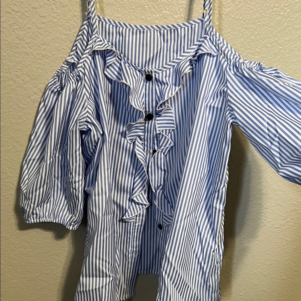 Blue Striped Women's Cold Shoulder Top